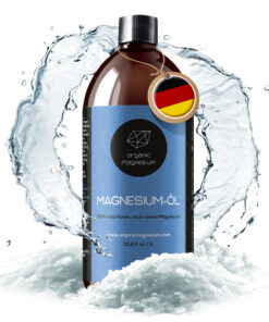 Organic Magnesium Magnesiumöl 1 Liter Nachfüllflasche mit Wasserspritzer auf Magnesiumflocken