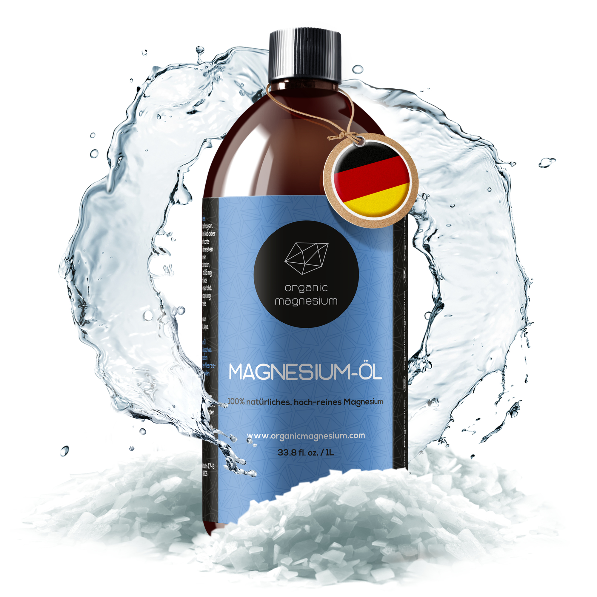 Organic Magnesium Magnesiumöl 1 Liter Nachfüllflasche mit Wasserspritzer auf Magnesiumflocken
