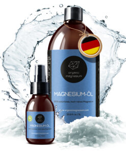 Organic Magnesium Magnesiumöl 1 Liter und Spray 100 ml mit Wasserspritzer auf Magnesiumflocken