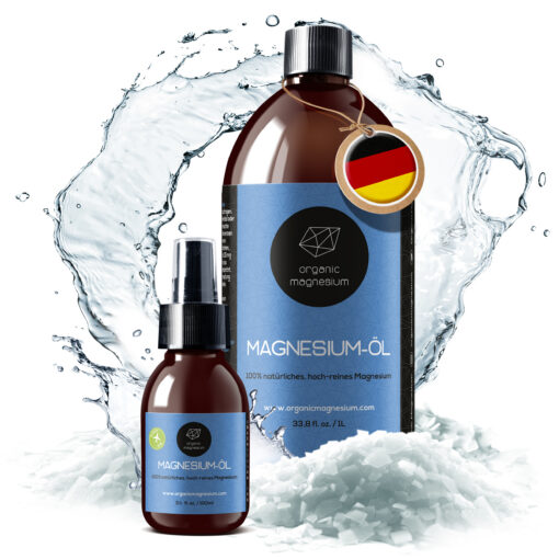Organic Magnesium Magnesiumöl 1 Liter und Spray 100 ml mit Wasserspritzer auf Magnesiumflocken