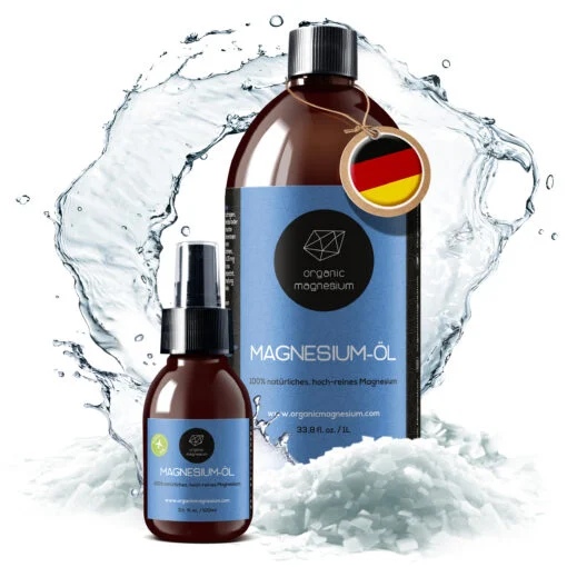 Organic Magnesium Magnesiumöl 1 Liter und Spray 100 ml mit Wasserspritzer auf Magnesiumflocken