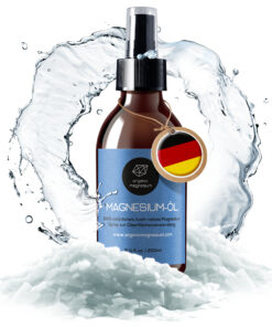 Organic Magnesium Magnesiumöl Spray 200 ml mit Wasserspritzer auf Zechstein-Magnesiumflocken