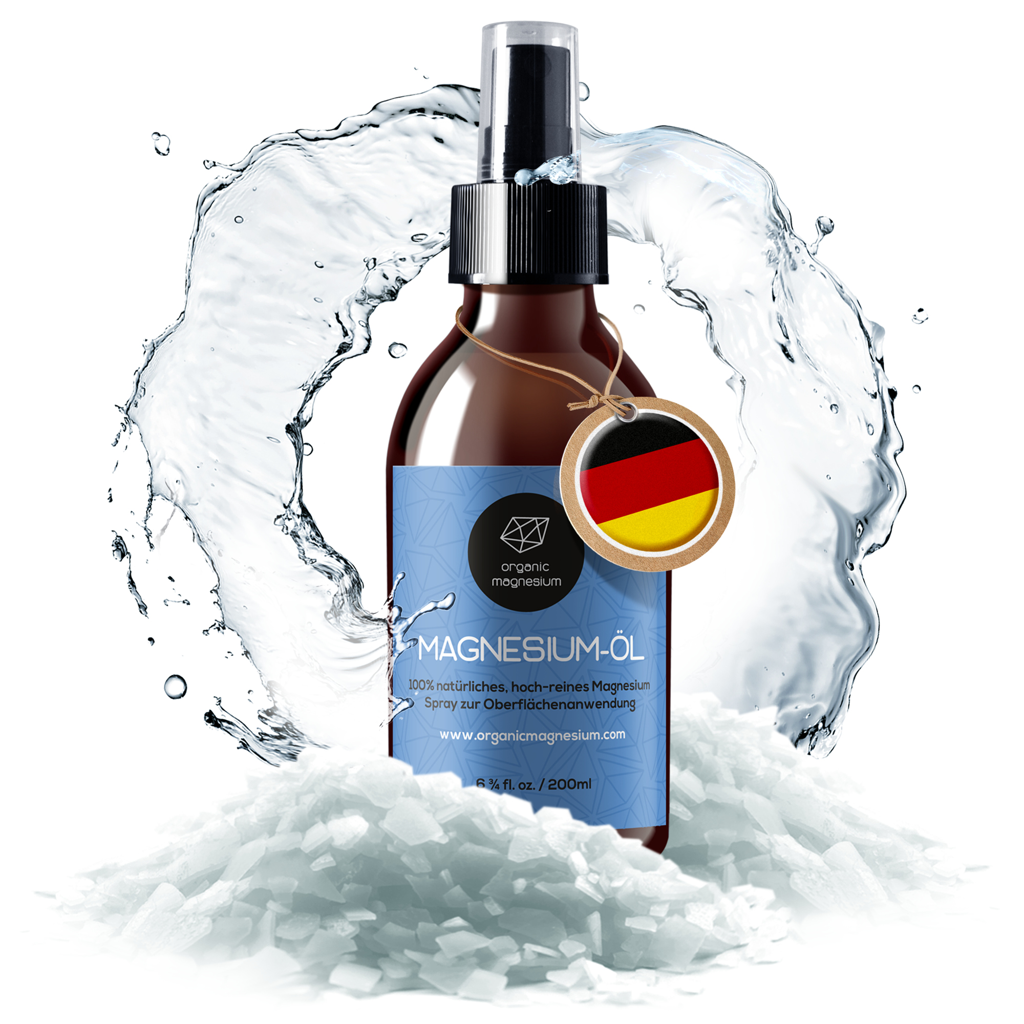 Organic Magnesium Magnesiumöl Spray 200 ml mit Wasserspritzer auf Zechstein-Magnesiumflocken