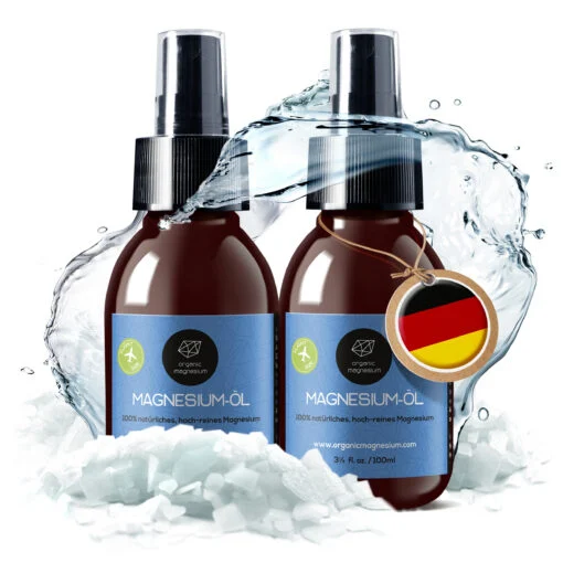 Organic Magnesium Magnesiumöl Spray 2 × 100 ml im Doppelpack mit Wasserspritzer und Magnesiumflocken