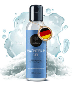 Organic Magnesium Magnesium Gel 150 ml mit Wasserspritzer auf Magnesiumflocken
