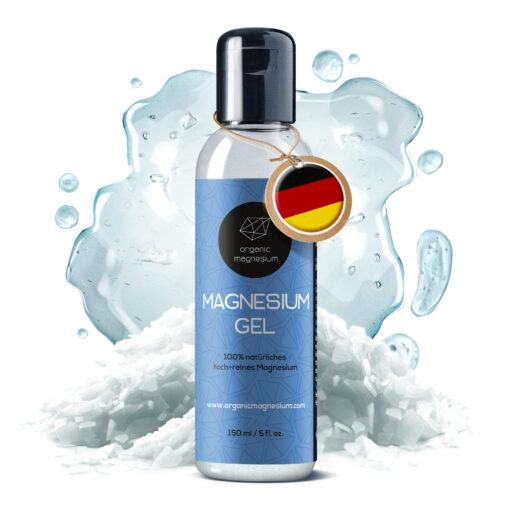 Organic Magnesium Magnesium Gel 150 ml mit Wasserspritzer auf Magnesiumflocken