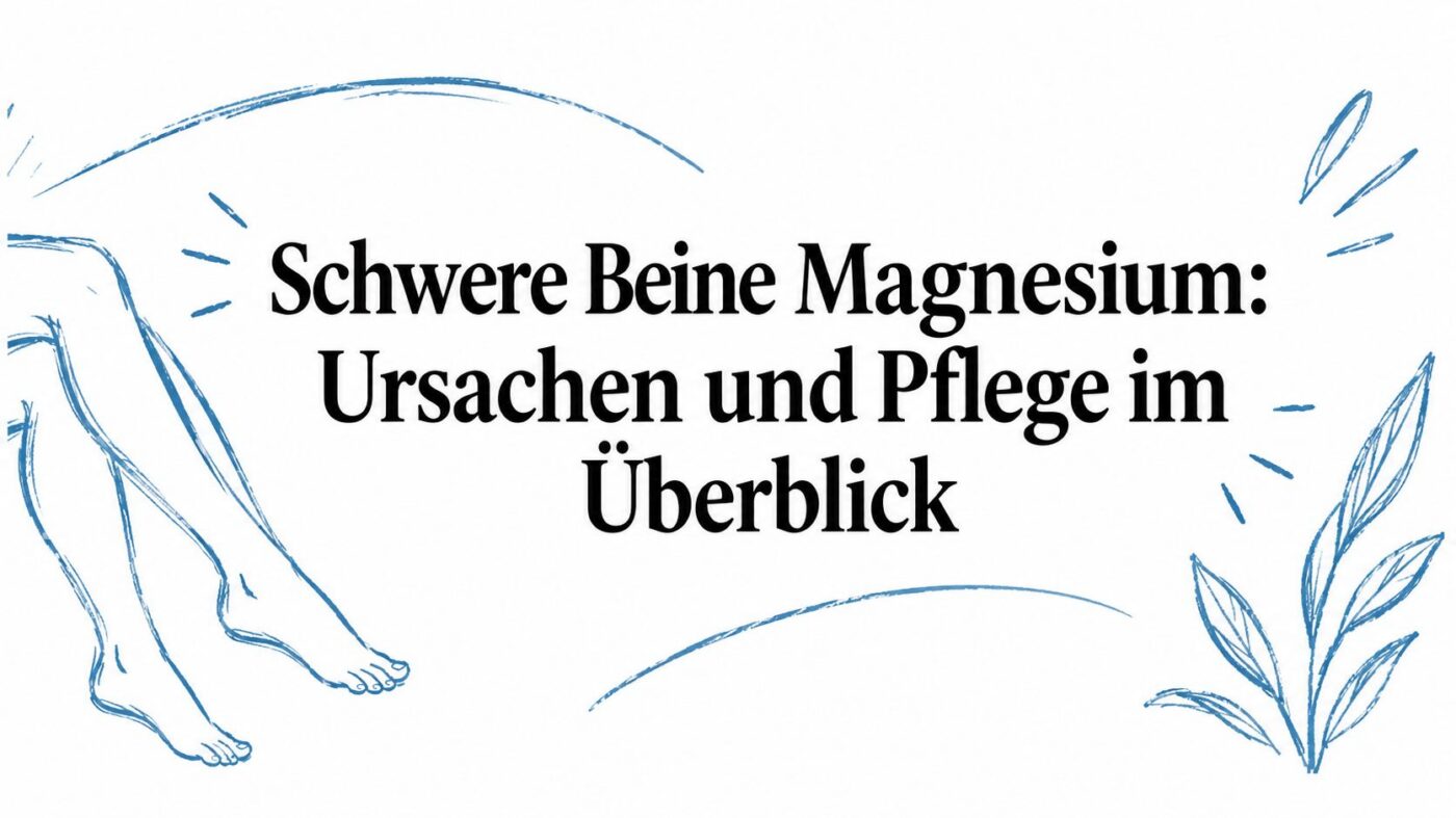 Titelbild „Schwere Beine Magnesium: Ursachen und Pflege im Überblick“ mit gezeichneten Beinen und Blättern