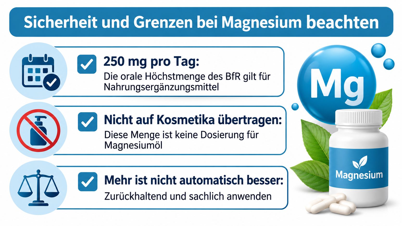 Eine Infografik mit Sicherheitshinweisen zur richtigen Dosierung von Magnesiumpräparaten und dem Unterschied zu Magnesiumöl für die Haut.