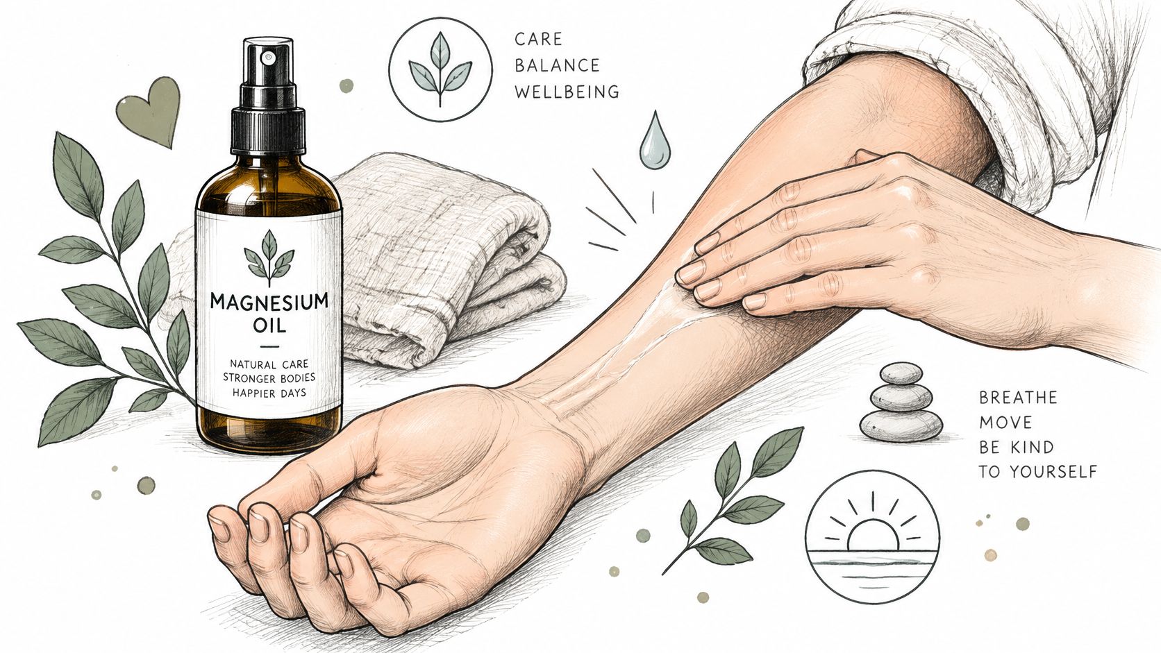 Illustration: Magnesiumöl wird als Spray auf den Unterarm aufgetragen und einmassiert.