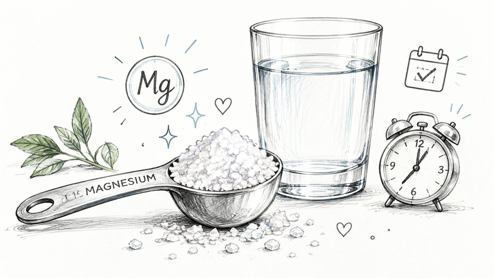 Een geïllustreerde weergave van magnesium in poedervorm naast een glas water, een klok en groene bladeren.