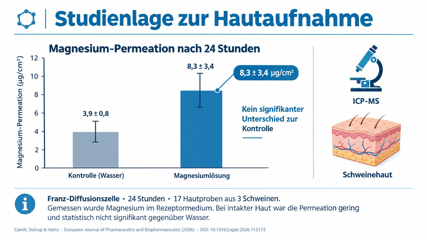 Ein Balkendiagramm zeigt die geringe Magnesiumaufnahme durch Schweinehaut nach 24 Stunden im Vergleich zu Wasser.