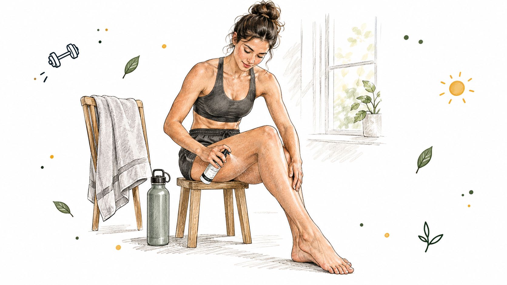 Een vrouw in sportkleding brengt magnesiumspray aan op haar benen als massage na het sporten.
