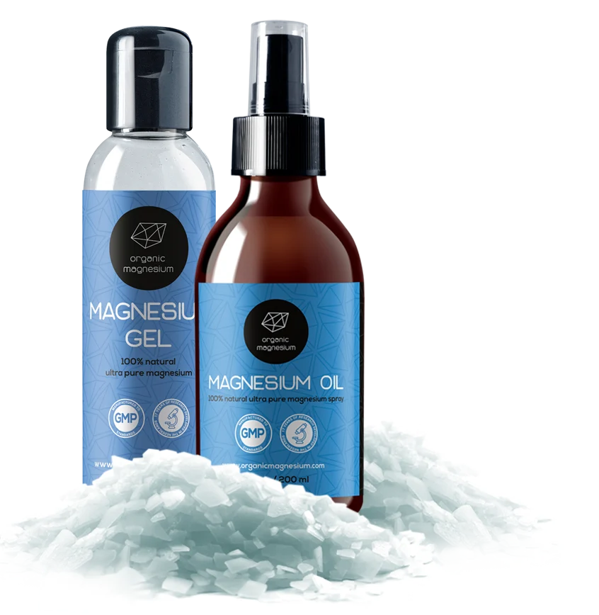 Magnesium Gel und Magnesiumöl Spray auf Magnesiumflocken