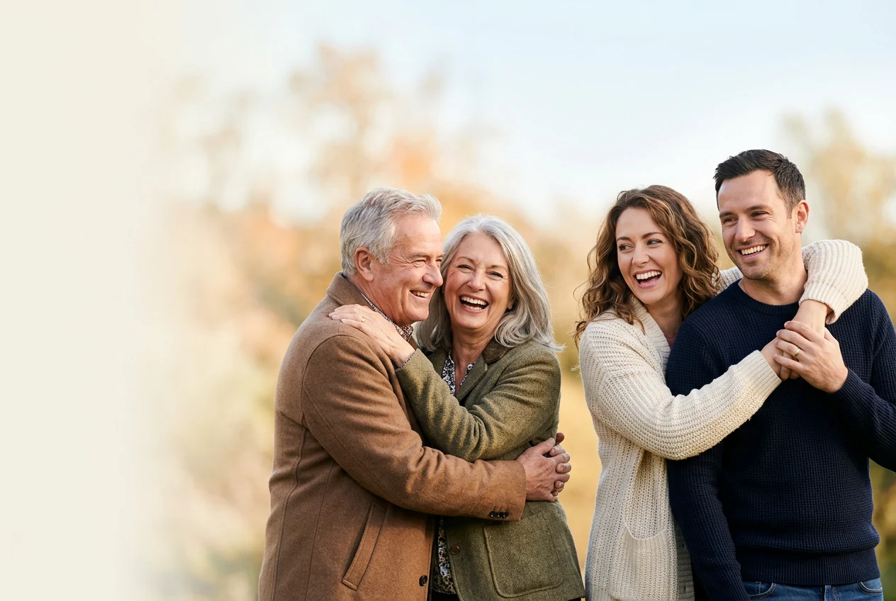 Zwei glückliche Paare lachen gemeinsam im Freien
