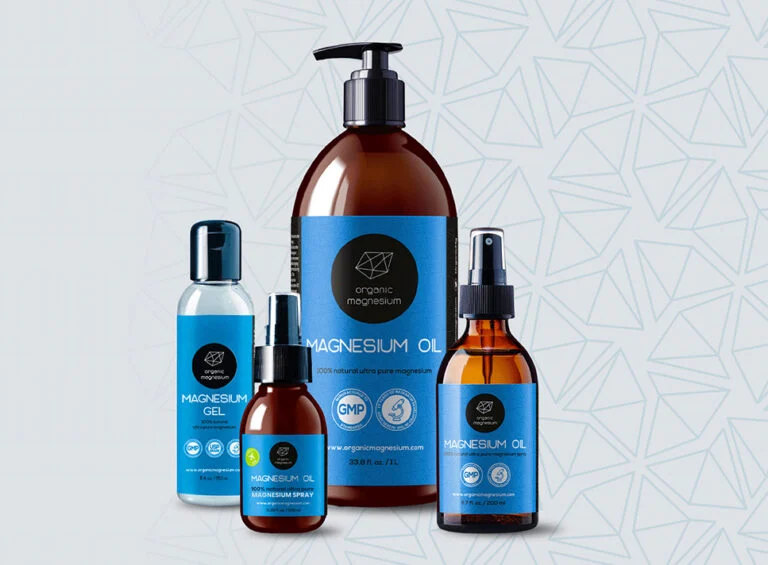 Organic Magnesium productlijn: magnesiumolie 1 l, magnesiumgel, spray 100 ml en 200 ml